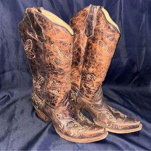 Circle G Distressed Brown Leather Cowboy Boots Dragonfly Embroidery Women’s 8.5